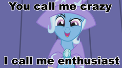 Size: 960x540 | Tagged: safe, edit, edited screencap, imported from derpibooru, screencap, trixie, pony, unicorn, boast busters, cape, caption, clothes, crazy trixie, female, hat, image macro, looking at you, mare, meme, solo, trixie yells at everything