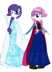 Size: 956x1304 | Tagged: safe, artist:kasi-ona, imported from derpibooru, rarity, sweetie belle, human, equestria girls, alternate hairstyle, anna, anna (frozen), braid, clothes, crossover, dress, duo, duo female, elsa, eqg promo pose set, female, frozen (movie), movie, pigtails, princess anna belle, queen elsarity, simple background, transparent background