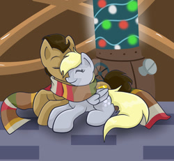 Size: 1024x945 | Tagged: safe, artist:yoshimarsart, imported from derpibooru, derpy hooves, doctor whooves, time turner, pegasus, pony, clothes, doctorderpy, female, male, mare, nuzzling, prone, scarf, shared clothing, shared scarf, shipping, straight, watermark