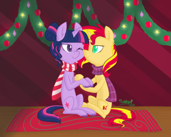 Size: 1024x819 | Tagged: safe, artist:flourret, imported from derpibooru, sci-twi, sunset shimmer, twilight sparkle, pony, unicorn, equestria girls, clothes, equestria girls ponified, female, holding hooves, lesbian, one eye closed, ponified, scarf, scitwishimmer, shipping, sunsetsparkle, unicorn sci-twi, wingless