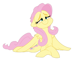 Size: 5728x4717 | Tagged: safe, artist:dilarus, artist:tyler611, color edit, deleted from derpibooru, imported from derpibooru, fluttershy, pegasus, pony, absurd resolution, blushing, female, lidded eyes, mare, prone, simple background, smiling, solo, transparent background