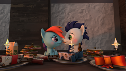 Size: 1024x576 | Tagged: safe, artist:johnnyhorse, imported from derpibooru, rainbow dash, soarin', pony, 3d, blushing, eggnog, feast, food, licking, male, shipping, soarindash, straight, tongue out