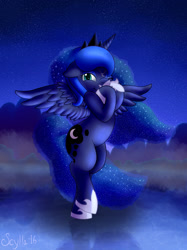 Size: 1280x1707 | Tagged: safe, artist:scylla the kelpie, imported from derpibooru, princess luna, pony, bipedal, crown, curvy, cute, dream, dreamscape, female, fog, jewelry, lake, mist, moon, mountain, night, reflection, regalia, sky, solo, stars, water, winter solstice