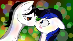 Size: 1920x1080 | Tagged: safe, artist:astroanimations, imported from derpibooru, oc, oc only, oc:noire, pegasus, pony, abstract background, blushing, eye contact, female, floppy ears, hoof hold, kissing, kissy face, lidded eyes, looking at each other, male, mare, mistletoe, stallion, wide eyes