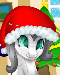 Size: 1024x1273 | Tagged: safe, artist:legenddestroye, imported from derpibooru, oc, oc only, oc:double backstitch, pony, christmas tree, female, hat, mare, plushie, santa hat, solo, tongue out, tree, watermark