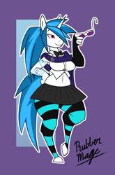 Size: 1232x1872 | Tagged: safe, artist:rubbermage, imported from derpibooru, dj pon-3, vinyl scratch, anthro, unguligrade anthro, alternate hairstyle, belly button, bowtie, breasts, busty vinyl scratch, clothes, female, glasses, midriff, pantyhose, pleated skirt, ponytail, scarf, skirt, solo, striped pantyhose, tattoo, wide hips