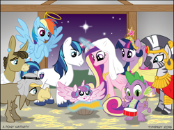 Size: 1024x768 | Tagged: safe, artist:tim-kangaroo, imported from derpibooru, cranky doodle donkey, matilda, princess cadance, princess flurry heart, rainbow dash, shining armor, spike, twilight sparkle, zecora, alicorn, donkey, pony, zebra, angel, big crown thingy, blasphemy or heresy?, christianity, christmas, clothes, coronation dress, crankilda, cute, dress, female, fridge horror, halo, jesus christ, jewelry, keffiyeh, male, manger, nativity, regalia, religion, religious focus, religious headcanon, shiningcadance, shipping, star of bethlehem, stars, straight, straw, the implications are horrible, the little drummer boy, the magi, twilight sparkle (alicorn), unfortunate implications