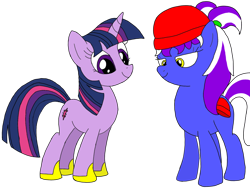 Size: 1066x800 | Tagged: safe, artist:toyminator900, imported from derpibooru, twilight sparkle, oc, oc:filly billy, pony, unicorn, beanie, duo, fimfiction, hat, horseshoes, pigtails, simple background, transparent background