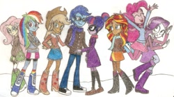 Size: 1597x894 | Tagged: safe, artist:smcho1014, deleted from derpibooru, imported from derpibooru, applejack, fluttershy, pinkie pie, rainbow dash, rarity, sci-twi, sunset shimmer, twilight sparkle, oc, oc:wild sketchy, equestria girls, christmas, clothes, coat, colored pencil drawing, female, glasses, humane five, humane seven, humane six, male, mane six, scarf, snow, sweater, sweatershy, traditional art