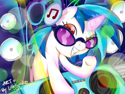 Size: 1400x1050 | Tagged: safe, artist:kumikoponylk, imported from derpibooru, dj pon-3, vinyl scratch, pony, female, headphones, solo, speaker, speakers, turntable