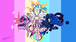 Size: 1280x720 | Tagged: safe, artist:leone di cielo, imported from derpibooru, princess cadance, princess celestia, princess luna, twilight sparkle, alicorn, pony, alicorn tetrarchy, female, mare, twilight sparkle (alicorn)