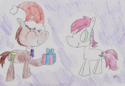 Size: 2114x1460 | Tagged: safe, artist:ptitemouette, imported from derpibooru, doctor whooves, roseluck, time turner, earth pony, pony, christmas, doctorrose, male, shipping, straight, traditional art