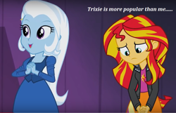 Size: 1006x648 | Tagged: safe, edit, edited screencap, imported from derpibooru, screencap, sunset shimmer, trixie, equestria girls, rainbow rocks, blatant lies, caption, clothes, duo, jacket, leather jacket, sad