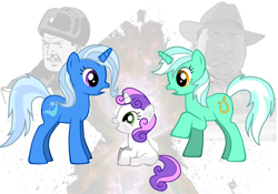 Size: 800x559 | Tagged: safe, artist:nathelink, deleted from derpibooru, imported from derpibooru, lyra heartstrings, sweetie belle, trixie, human, pony creator, blake & mortimer, olrik