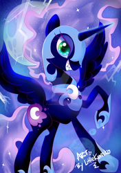 Size: 1024x1453 | Tagged: safe, artist:kumikoponylk, imported from derpibooru, nightmare moon, pony, female, lightning, moon, raised hoof, sharp teeth, solo, teeth, watermark