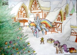 Size: 2556x1831 | Tagged: safe, artist:ponystarpony, imported from derpibooru, rainbow dash, scootaloo, christmas lights, christmas tree, decoration, flying, sled, snow, traditional art, tree