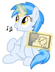 Size: 4609x6001 | Tagged: safe, artist:djdavid98, artist:php11, artist:pirill, artist:zutheskunk, imported from derpibooru, oc, oc only, oc:penny curve, pony, 2017 community collab, derpibooru community collaboration, mlp vector club, absurd resolution, chest fluff, fluffy, levitation, looking up, magic, music notes, open mouth, simple background, sitting, smiling, solo, tablet, telekinesis, transparent background, vector, whistling