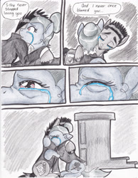 Size: 2552x3288 | Tagged: safe, artist:tristanjsolarez, imported from derpibooru, oc, oc only, earth pony, pony, comic:trans ponies, clothes, comic, crying, female, flashback, gray background, grayscale, grieving, hug, male, mare, monochrome, neo noir, partial color, simple background, stallion