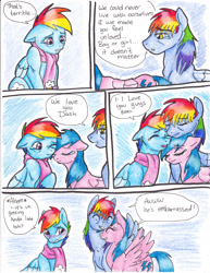 Size: 2552x3300 | Tagged: safe, artist:tristanjsolarez, imported from derpibooru, firefly, rainbow blaze, rainbow dash, pegasus, pony, comic:trans ponies, blue background, blushing, clothes, comic, family, female, fireblaze, firefly as rainbow dash's mom, g1, g1 to g4, g4, generation leap, male, mare, rainbow blitz, rainbow dash's parents, rule 63, scarf, shipping, simple background, stallion, straight, traditional art, transgender, trio