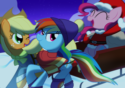 Size: 3100x2200 | Tagged: safe, artist:geraritydevillefort, imported from derpibooru, applejack, pinkie pie, rainbow dash, bag, cheering, christmas, clothes, costume, cowboy hat, eyes closed, freckles, happy, hat, looking back, one eye closed, santa costume, scarf, sled, snow, stetson, sweater, trio, wink