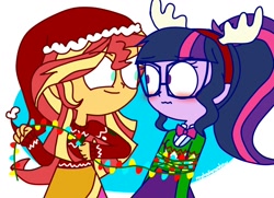 Size: 1378x999 | Tagged: safe, artist:psychodiamondstar, imported from derpibooru, sci-twi, sunset shimmer, twilight sparkle, equestria girls, blushing, christmas lights, female, hat, lesbian, reindeer antlers, santa hat, scitwishimmer, shipping, sunsetsparkle