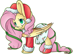 Size: 8928x6605 | Tagged: safe, artist:cutepencilcase, imported from derpibooru, fluttershy, pony, absurd resolution, clothes, costume, female, hat, santa costume, santa hat, simple background, smiling, socks, solo, transparent background