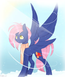 Size: 1399x1658 | Tagged: safe, artist:clefficia, imported from derpibooru, oc, oc only, oc:storybook, pegasus, pony, clothes, scarf, snow, snowfall, solo, windy