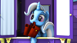 Size: 3840x2160 | Tagged: safe, artist:furima, imported from derpibooru, trixie, pony, unicorn, to where and back again, 3d, cute, diatrixes, female, mare, mouth hold, nose wrinkle, saddle bag, scene interpretation, solo, source filmmaker, to saddlebags and back again, trixie's wagon