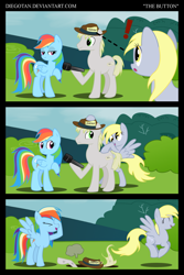 Size: 1024x1534 | Tagged: safe, artist:diegotan, imported from derpibooru, derpy hooves, rainbow dash, oc, oc:rollback, earth pony, pegasus, pony, comic, facehoof, female, hat, laughing, male, mare, microphone, press, pun, pushing, reporter, stallion