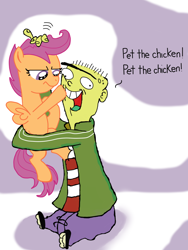 Size: 960x1280 | Tagged: safe, artist:i3b4eva, imported from derpibooru, scootaloo, pony, crossover, ed, ed (ed edd n eddy), ed edd n eddy, frown, glare, holding a pony, hug, open mouth, pet the chicken, petting, pushing, scootachicken, scootaloo is not amused, sitting, smiling, this will end in pain, unamused