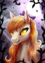 Size: 1240x1753 | Tagged: safe, artist:begasus, imported from derpibooru, oc, oc only, bat pony, pony, bust, fangs, flower, flower in hair, full moon, moon, portrait, smiling, solo