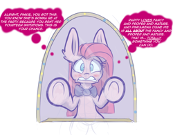 Size: 1280x996 | Tagged: safe, artist:heir-of-rick, imported from derpibooru, pinkie pie, pony, blushing, bowtie, ear fluff, female, impossibly large ears, lesbian, mirror, nervous, pinkamena diane pie, raripie, shipping, simple background, solo, thought bubble, underhoof, white background