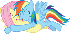 Size: 6001x2875 | Tagged: safe, artist:deratrox, imported from derpibooru, fluttershy, rainbow dash, pegasus, pony, trade ya, .svg available, ^^, absurd resolution, cuddling, cute, eyes closed, female, flutterdash, hug, lesbian, mare, shipping, simple background, snuggling, transparent background, vector