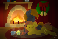 Size: 1024x683 | Tagged: safe, artist:soulfulmirror, imported from derpibooru, oc, oc only, oc:honey ella, oc:romance heart, earth pony, pegasus, pony, bells, bow, chocolate, christmas wreath, cuddling, female, fireplace, food, hot chocolate, male, mare, marshmallow, mug, oc x oc, picture, prone, romantic, romella, shipping, sleeping, snuggling, stallion, straight, wreath