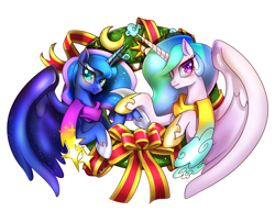 Size: 3000x2300 | Tagged: safe, artist:renokim, imported from derpibooru, princess celestia, princess luna, bow, christmas wreath, clothes, royal sisters, scarf, simple background, transparent background