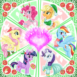 Size: 2400x2400 | Tagged: safe, artist:dangerblaze, imported from derpibooru, applejack, fluttershy, pinkie pie, rainbow dash, rarity, twilight sparkle, alicorn, bird, earth pony, pegasus, pony, unicorn, christmas, clothes, dress, female, fire of friendship, mane six, mare, rudolph the red nosed reindeer, scarf, socks, striped socks, twilight sparkle (alicorn)