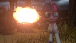 Size: 3840x2160 | Tagged: safe, artist:derpyhooves216, imported from derpibooru, sci-twi, twilight sparkle, pony, unicorn, 3d, clothes, equestria girls ponified, explosion, female, for science, glasses, lab coat, looking at you, ponified, scientist, solo, source filmmaker, unicorn sci-twi