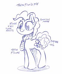 Size: 2866x3448 | Tagged: safe, artist:dilarus, deleted from derpibooru, imported from derpibooru, pinkie pie, alternate hairstyle, clothes, monochrome, scarf, short mane, short tail, simple background, smiling, solo, teenager, white background, younger