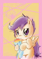 Size: 1024x1448 | Tagged: dead source, safe, artist:killerfishy, imported from derpibooru, rainbow dash, scootaloo, pegasus, pony, abstract background, bipedal, blushing, cute, cutealoo, female, filly, foal, holding, hoof hold, plushie, rainbow dash plushie, signature, solo, spread wings, standing, watermark, wings