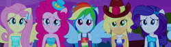 Size: 2620x720 | Tagged: safe, composite screencap, edit, edited screencap, imported from derpibooru, screencap, applejack, fluttershy, pinkie pie, rainbow dash, rarity, human, equestria girls, equestria girls (movie), bare shoulders, cowboy hat, fall formal outfits, female, hat, humane five, jewelry, panorama, ponied up, sad smile, strapless, top hat, wings