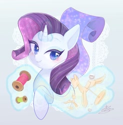 Size: 887x900 | Tagged: safe, artist:sibashen, imported from derpibooru, rarity, pony, blushing, bust, colored pupils, cute, fabric, female, glowing horn, lace, levitation, looking at you, magic, mannequin, no pupils, portrait, raribetes, solo, spool, telekinesis, thread