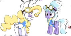 Size: 631x318 | Tagged: safe, artist:hattsy, artist:wafflecakes, imported from derpibooru, cloudchaser, surprise, pony, duo, goggles, smiling, wonderbolt trainee uniform