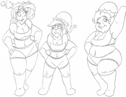 Size: 2429x1861 | Tagged: safe, artist:catstuxedo, imported from derpibooru, pinkie pie, rainbow dash, rarity, human, belly button, christmas, chubby, fat, female, horn, horned humanization, humanized, monochrome, pudgy pie, trio, trio female, winged humanization, wings
