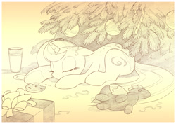 Size: 3566x2530 | Tagged: safe, artist:sherwoodwhisper, imported from derpibooru, oc, oc only, oc:eri, mouse, pony, unicorn, christmas, christmas tree, cookie, food, hearth's warming, milk, ornament, plushie, present, sleeping, tree