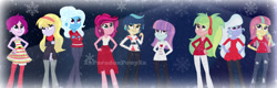 Size: 1024x327 | Tagged: safe, artist:xxparadoxponyxx, imported from derpibooru, fuchsia blush, gloriosa daisy, indigo zap, lavender lace, lemon zest, sour sweet, sugarcoat, sunny flare, trixie, equestria girls, christmas, female, shadow five, trixie and the illusions