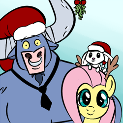 Size: 750x750 | Tagged: safe, artist:creepycurse, imported from derpibooru, angel bunny, fluttershy, iron will, minotaur, pegasus, pony, rabbit, angelbetes, animal, christmas, cute, hat, holly, looking at you, reindeer antlers, santa hat, smiling, smiling at you, trio, willabetes