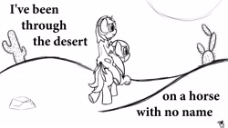 Size: 5120x2880 | Tagged: safe, artist:prismstreak, imported from derpibooru, oc, oc only, oc:krylone, pony, a horse with no name, absurd resolution, america (band), bridle, cactus, desert, monochrome, ponies riding ponies, riding, song reference, tack, tinyface