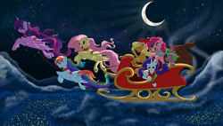 Size: 5910x3355 | Tagged: safe, artist:bratzoid, imported from derpibooru, applejack, fluttershy, pinkie pie, rainbow dash, rarity, spike, twilight sparkle, alicorn, pony, absurd resolution, christmas, clothes, crescent moon, flying, harness, hat, hearth's warming eve, holiday, jingle bells, mane seven, mane six, moon, night, santa hat, scarf, sleigh, starry night, tack, twilight sparkle (alicorn)