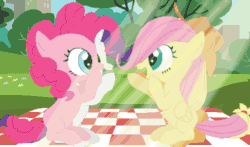 Size: 500x294 | Tagged: safe, imported from derpibooru, applejack, fluttershy, pinkie pie, rarity, animated, blank flank, crepuscular rays, cute, eye contact, female, filly, filly applejack, filly fluttershy, filly pinkie pie, filly rarity, gif, happy, looking at each other, open mouth, pattycakes, smiling, younger