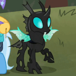 Size: 268x268 | Tagged: safe, imported from derpibooru, screencap, thorax, trixie, changeling, pony, unicorn, to where and back again, animated, cropped, female, floppy ears, frown, gif, mare, raised hoof, sad, solo focus, spread wings, worried